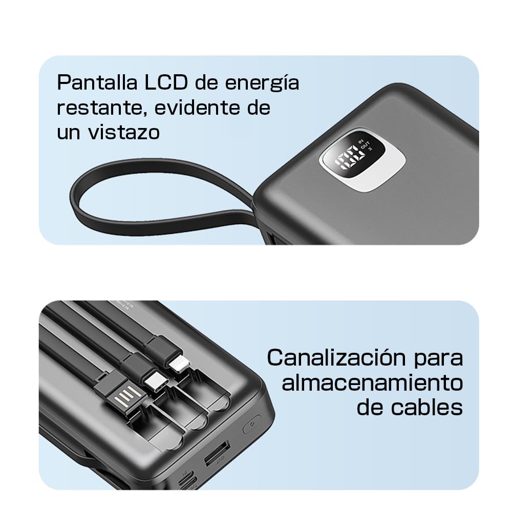 Power Bank 30000mAh Gran Capacidad–4 Cables Integrados(USB-A,Type-C,Micro,iOS)–Carga Rápida 2.1A,4 Dispositivos Simultáneos,Pantalla LED,Compatible,Certificación PSE,Emergencia Viaje,Blanco