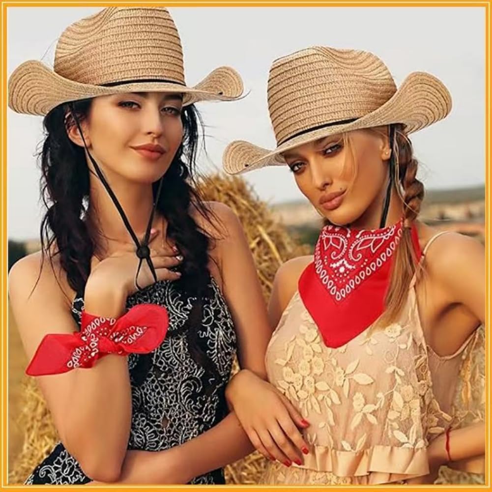 Générique Confezione da 10 cappelli da cowboy con bandane da uomo e da donna Western Cowgirl Hat Foulard Cappello di paglia Panama per accessori da festa, rodeo, mascherate