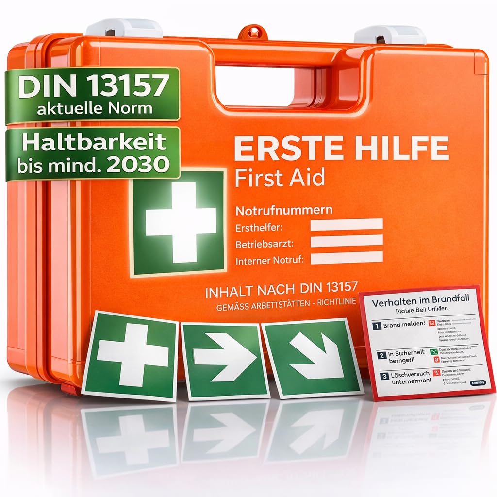 Mallette de premiers secours selon la norme de sécurité actuelle 2026 [DIN 13157:2021] | Avec support mural, 5 autocollants et plombs – Boîte de premiers secours pour la gatronomie, le bureau, la