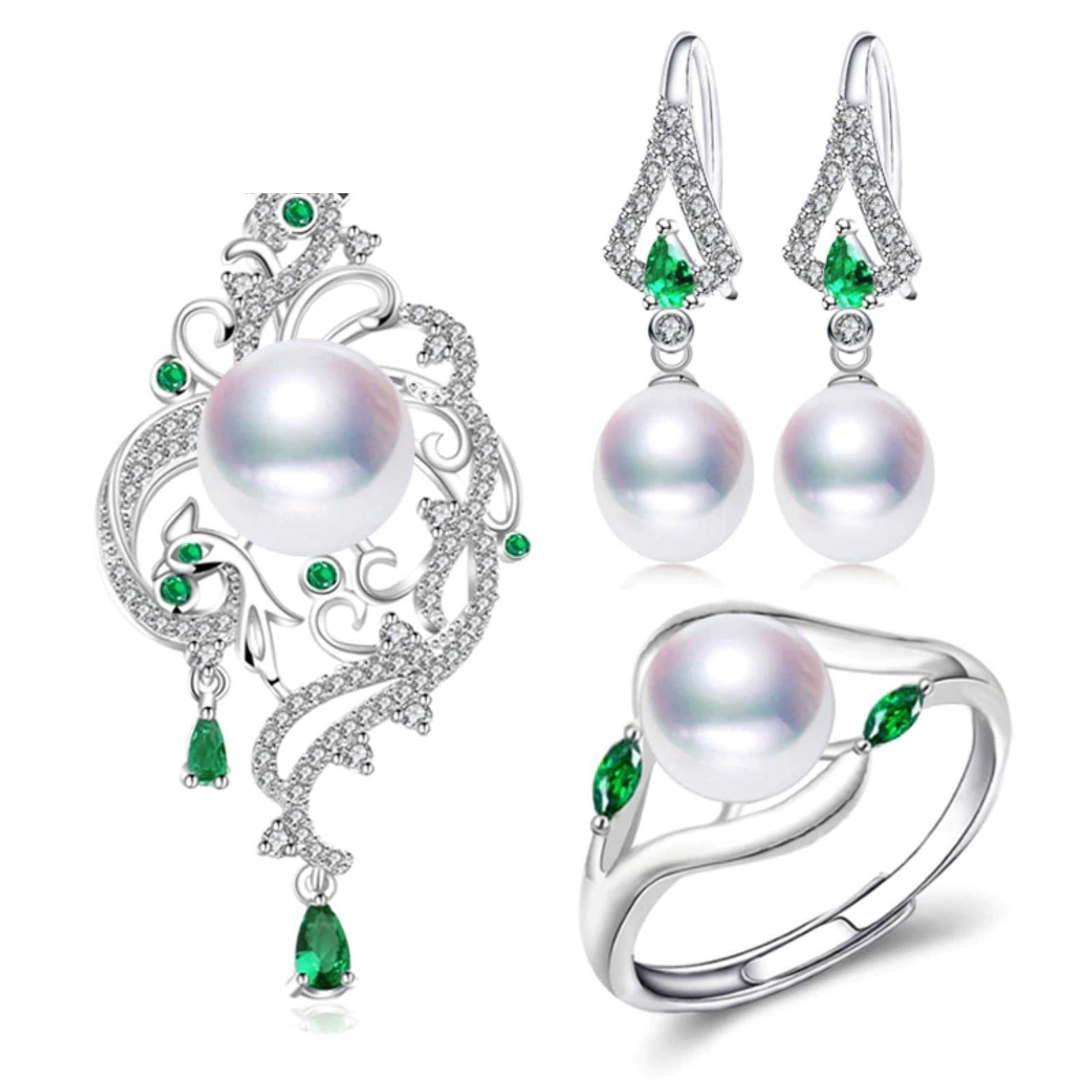 Perlenschmuck-sets Perlenanhänger Halskette Ohrringe Für Frauen Bohemian 925 Sterling Silber Smaragd Große Anhänger Hochzeit