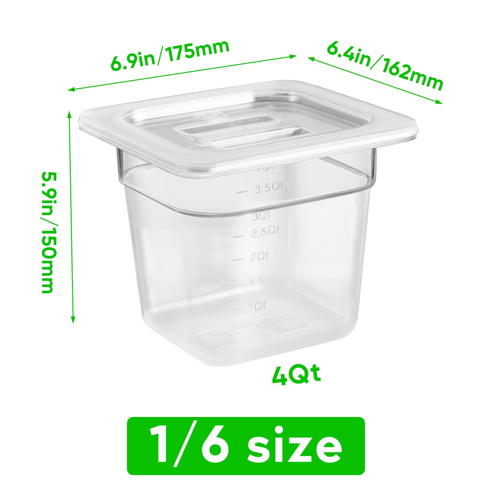 Paquete de 6 sartenes transparentes de 1/6 de 6 pulgadas de profundidad con tapas, sartenes comerciales de policarbonato transparente para almacenamiento de alimentos, sartén de plástico apilable con