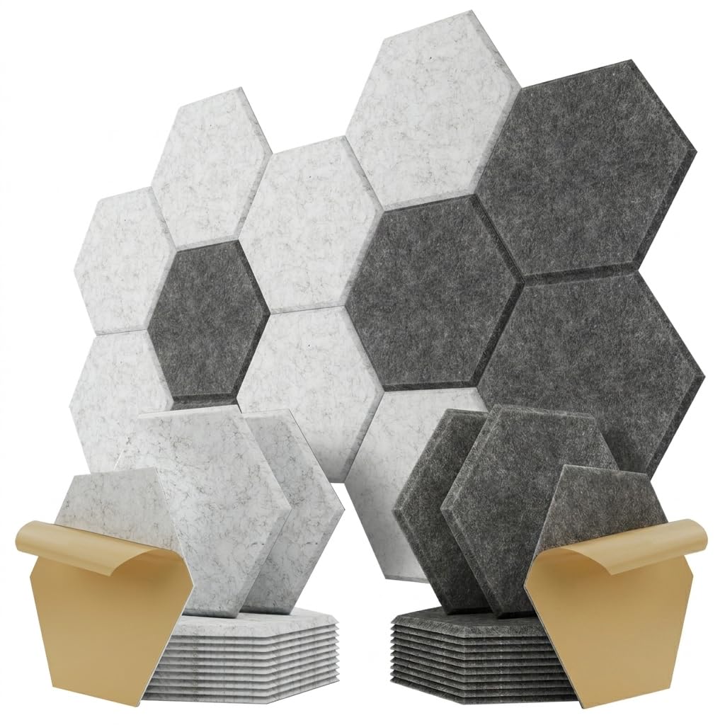 Kuchoow Paneles Acusticos Hexagonales Pared Autoadhesivo, Bundle 12 piezas Gris oscuro y 12 piezas Gris
