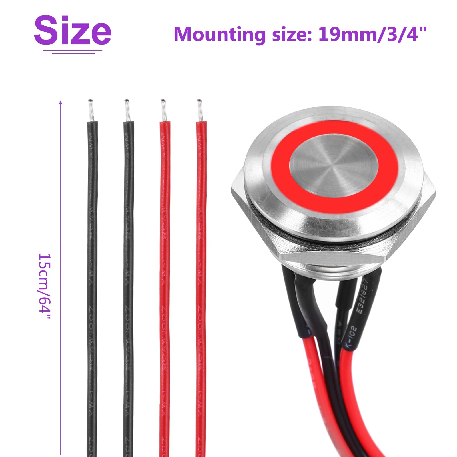 DMiotech 19mm / 3/4" Stainless Steel Momentary Push Button Switch Flat Head 3A 12-24V Silver Shell with Pre-soldered Red LED Ring Light 1NO - Image 4