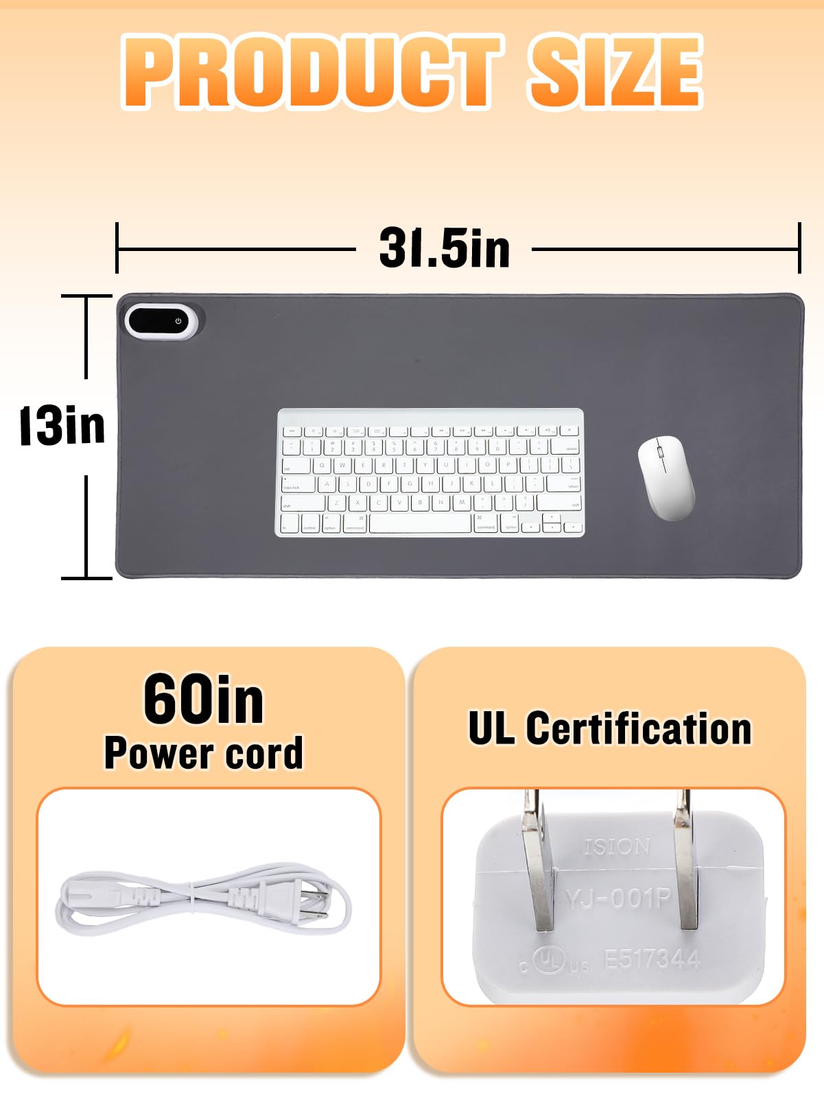 Grand tapis de souris de jeu chauffant – 5 niveaux de chauffage et arrêt automatique minuté, tapis de bureau chauffant pour clavier, accessoires de jeu d'hiver, Noël pour homme, garçon, femme, 80 x 33