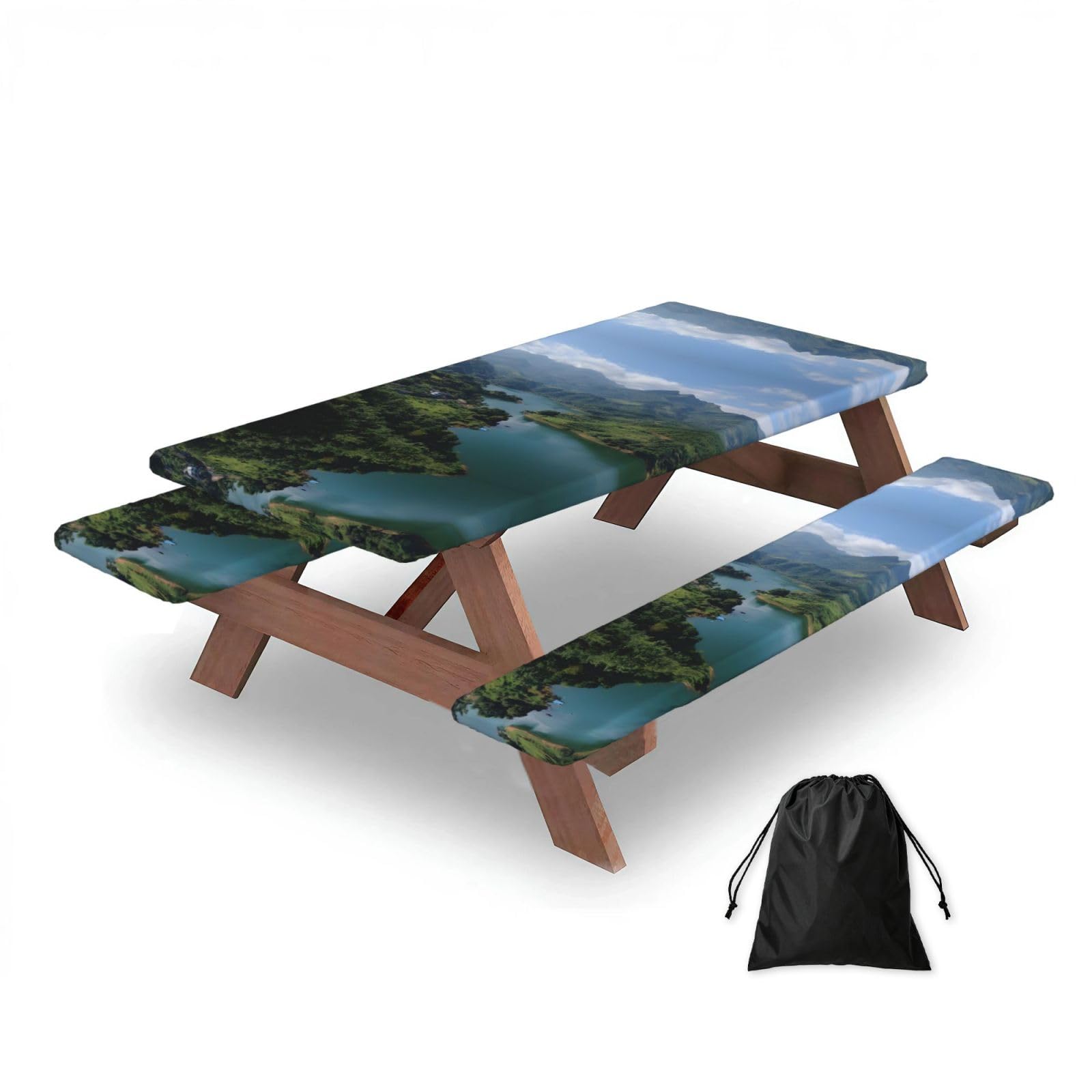 ESNAIUVCD Lake Print Picnic Table Cover With Bench Covers,Camping Essentials,Fitted Tablecloth Cover With Elastic Edge, For Indoor & Outdoor 3 Pcs