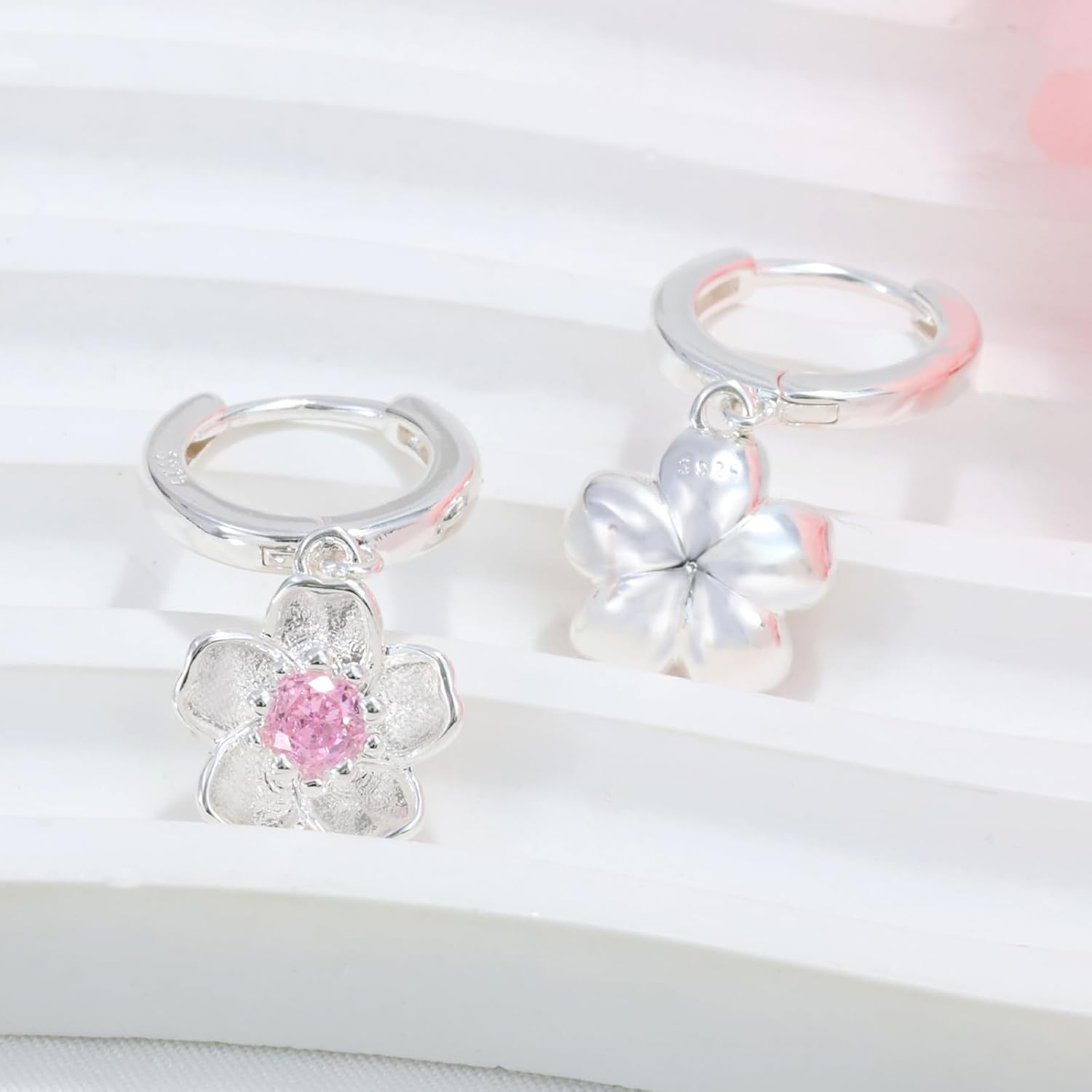 Dangle Hoop Earrings for Women-Sterling Silver Pink CZ Cherry Blossoms Hoop Earrings Small Shiny Crystal Flower Sakura Drop Huggie Earrings Cute Dainty Romantic Jewelry for Women Mom Wife Birthday - Image 3