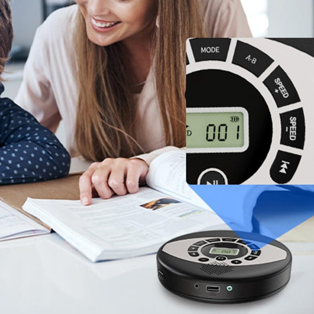 Lettore CD ricaricabile con ingresso USB AUX portatile | Ricaricabile 2000mAh per batteria, tecnologia anti-skip, design portatile nero, doppio altoparlante, audio chiaro
