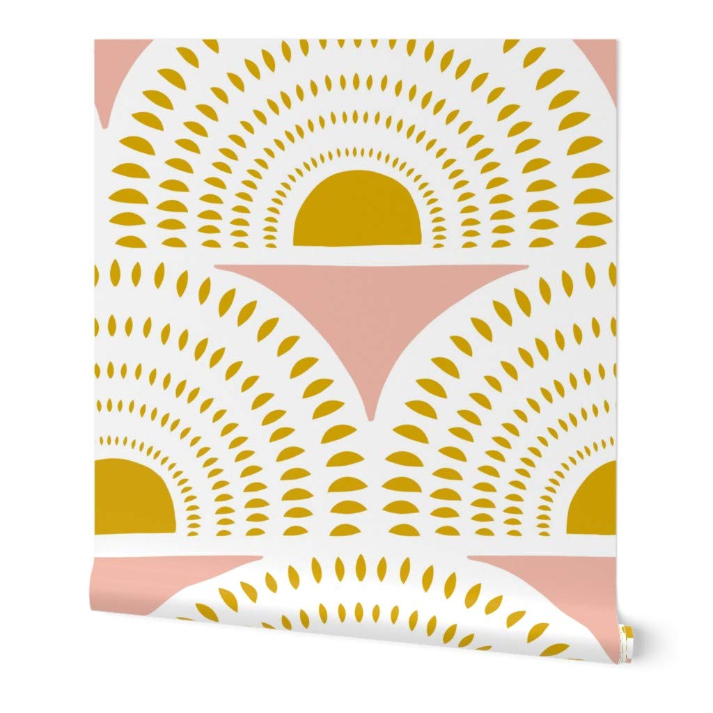 SpoonflowerCommercial Grade Wallpaper 27ft x 2ft - Blush Mustart Geometric Scallops Pink Retro Dots Abstract Art Deco Traditional Wallpaper
