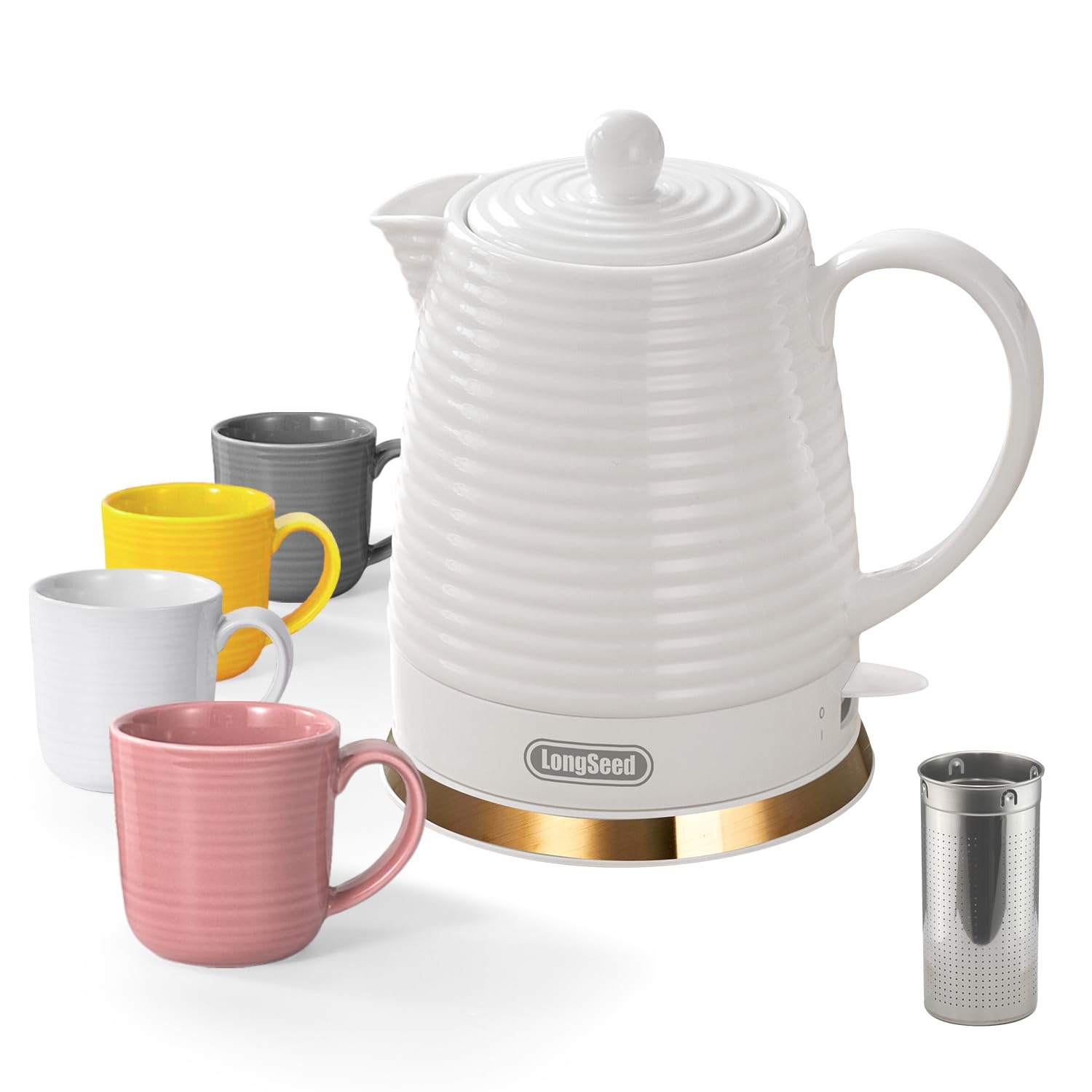 Set bollitore elettrico in ceramica, con infusore e tazze (bianco)