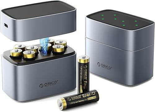 ORICO Rechargeable AA Lithium Batteries with Charger(8 Pack, 1.5V), Recharge up to 1500+ Cycles, 2.5H Fast Charger, Li-Ion Batteries Suitable for