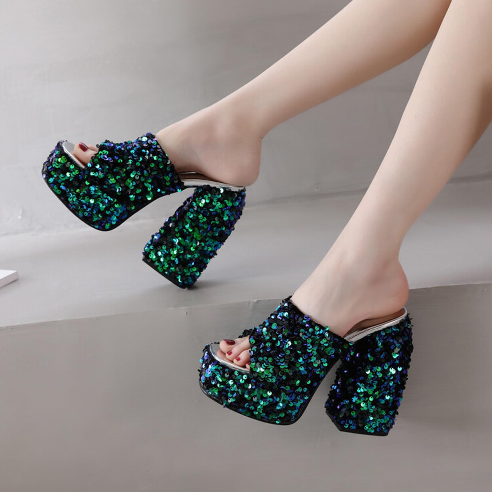 Mule con Tacco a Blocco Piattaforma Aperto in Punta e Paillettes 12,5 CM