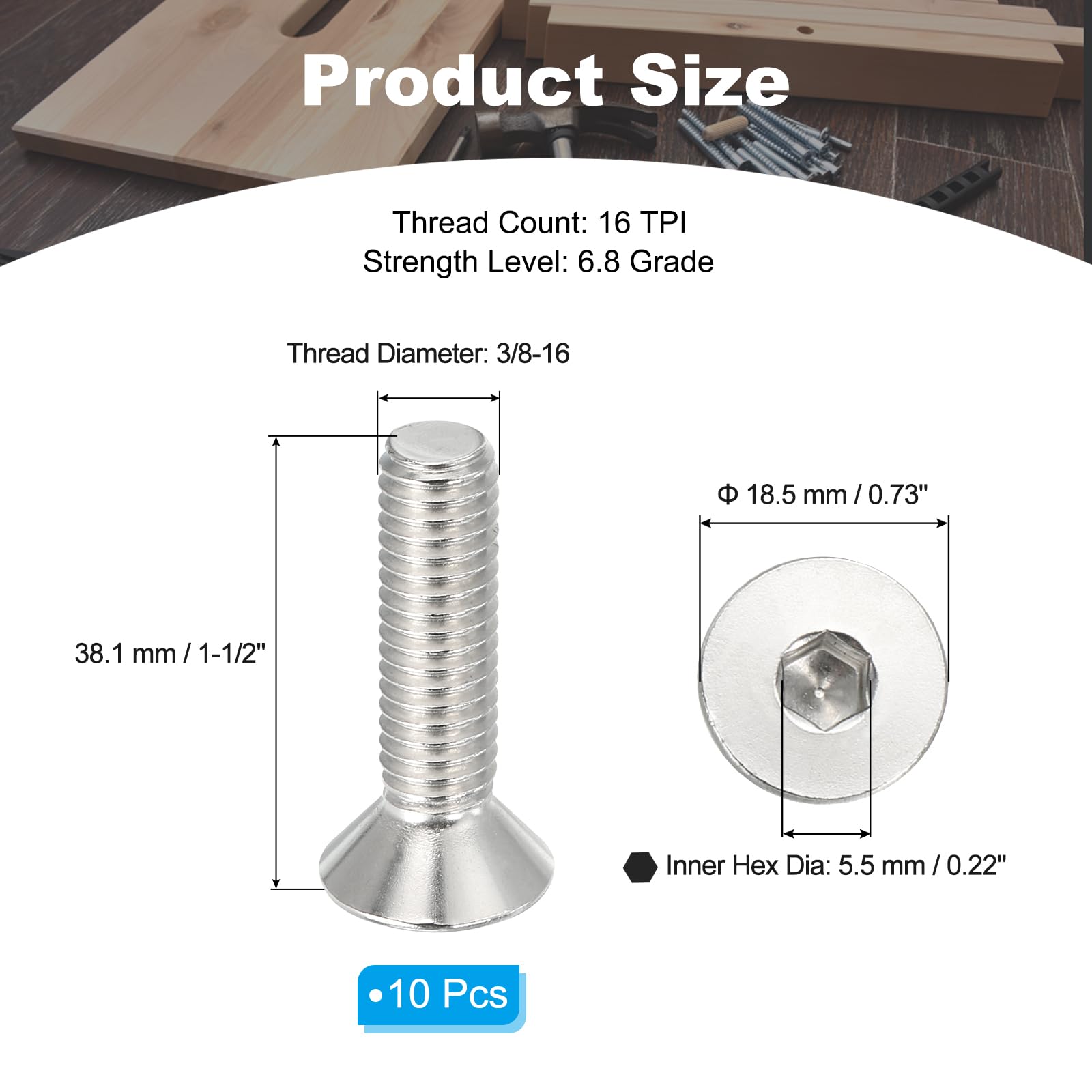 PATIKIL 3/8-16 x 1-1/2" Flat Head Socket Cap Screws - Image 2