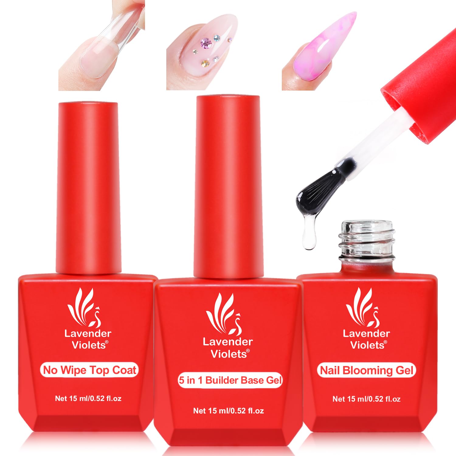 Lavender Violets 3pcs 15ml 5-in-1 Builder Base Gel & Blooming Gel & No Wipe Top Coat Set, Blossom Effect Nail Strengthening Extension Rhinstone Glue for Starter Salon-Quality Home DIY A10_246