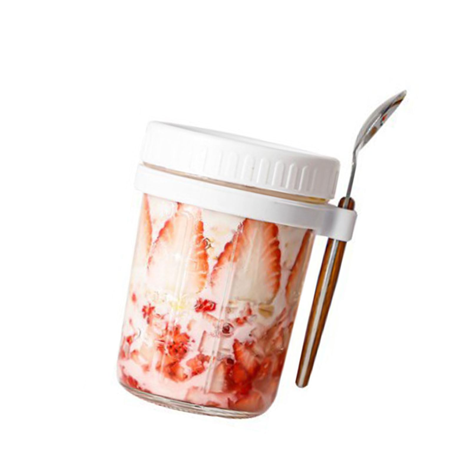 Sbshiouu White Borosilicate Glass Overnight Oats Cup Oatmeal Container With Lid And Hanging Spoon For Breakfast Offices Gym Impermeable Glass Cup With Hanging Spoon