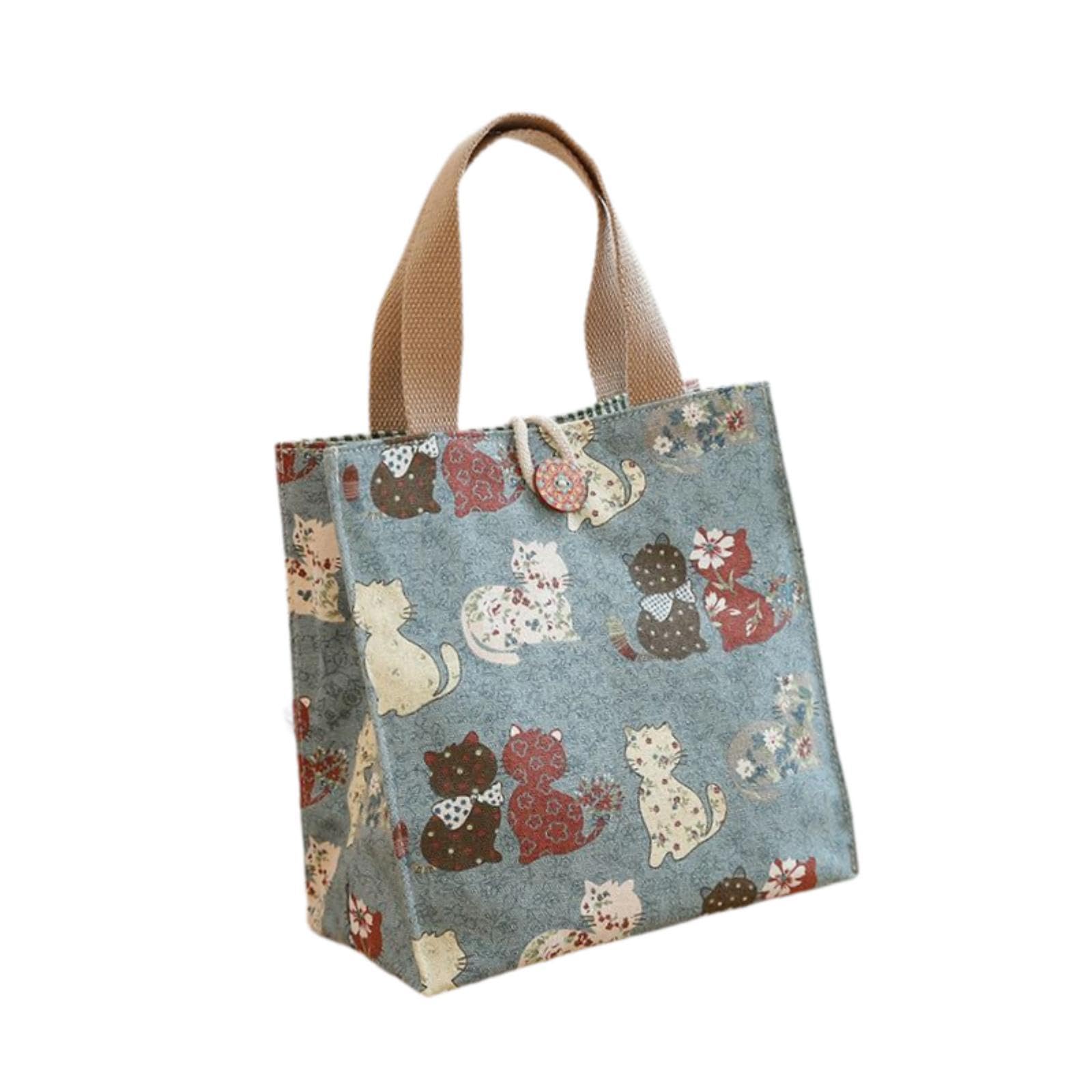 Lunch Bag Handbag Reusable Stylish Canvas Tote Bag for Vacation Picnic Beach Green Cat-image-49