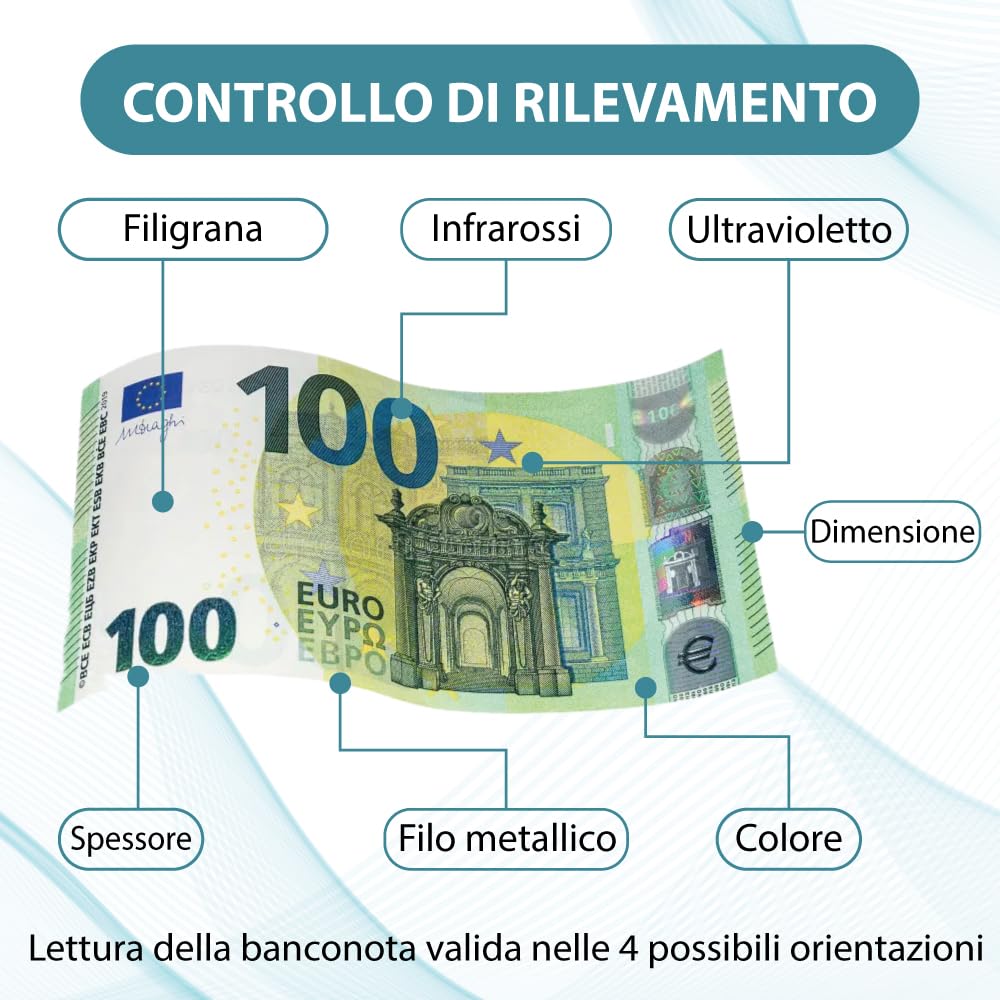 Rilevatore Banconote False UV/MG/IR - Approvato BCE - Funzione Conta Banconote - 0,5 Secondi per Banconota - Multivaluta EUR/GBP/USD - Display LED - Connessione PC/Stampante