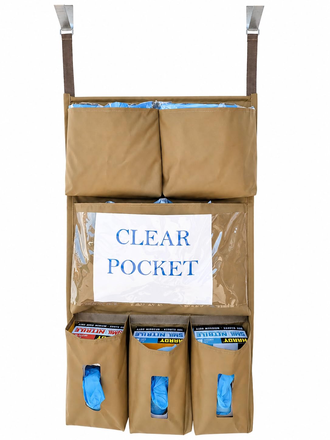 It's Sew EZ Personal Protection Equipment (PPE) Isolation Door Caddy - 6 Pockets - NFPA-701 Fire Retardant Nylon Oxford with Two Stainless Steel Hooks included (Tan, 6 pockets)