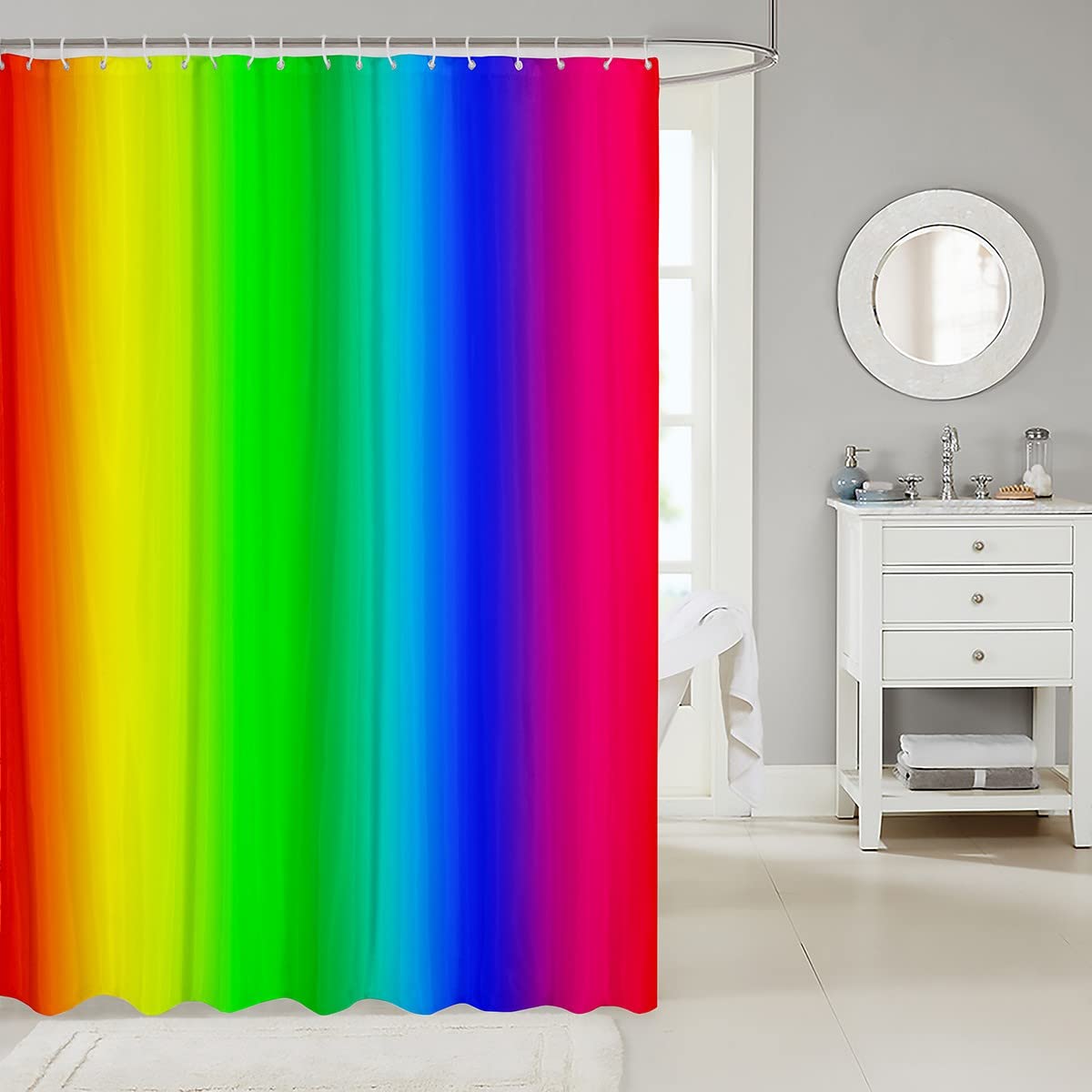 Tenda da doccia arcobaleno a strisce multicolori in tessuto per bambini, ragazzi, ragazze, strisce geometriche colorate, impermeabile, con 12 ganci, tende morbide, 175 x 201 cm