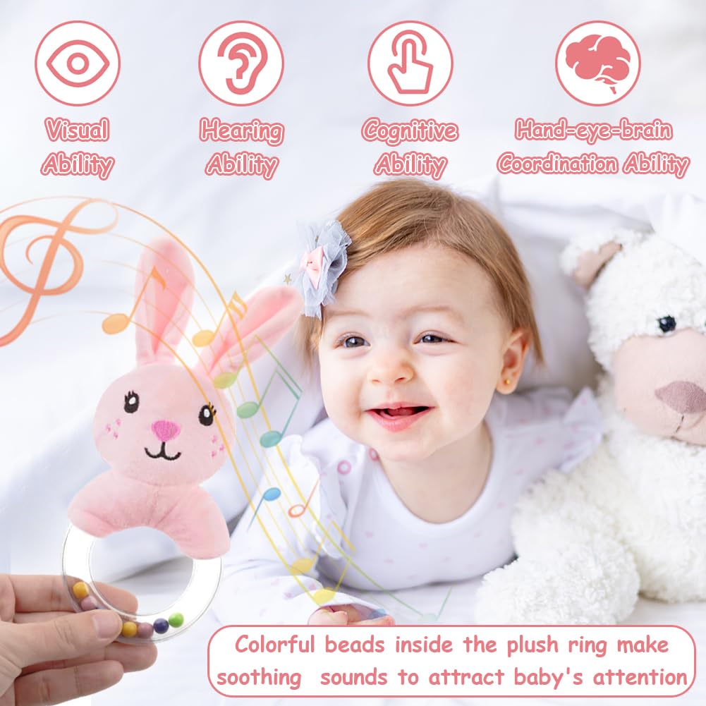 HAGOT 3PCS Baby Soft Rattle Sensory Toys, Baby Rattle Toys 0-12 Months, Newborn Baby Rattle, Teething Ring Plush Toy for Infant Toddler Baby Boys Girls Gift - Image 4