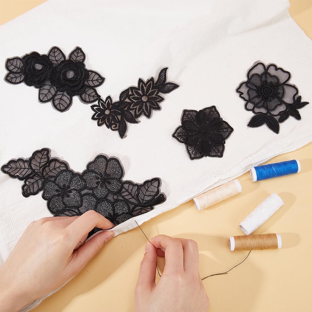 GORGECRAFT 12 Estilos 3D Parches de Flores Tela Bordado Floral Flor Coser Encaje Apliques para Boda Vestido de Novia Costura Reparación Decoración Ropa DIY Manualidades Negro
