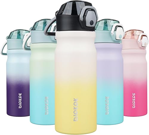 BJPKPK Botella de agua aislada de acero inoxidable de 18 onzas con popote y asa de transporte, termo metálico de doble pared para la escuela, limón