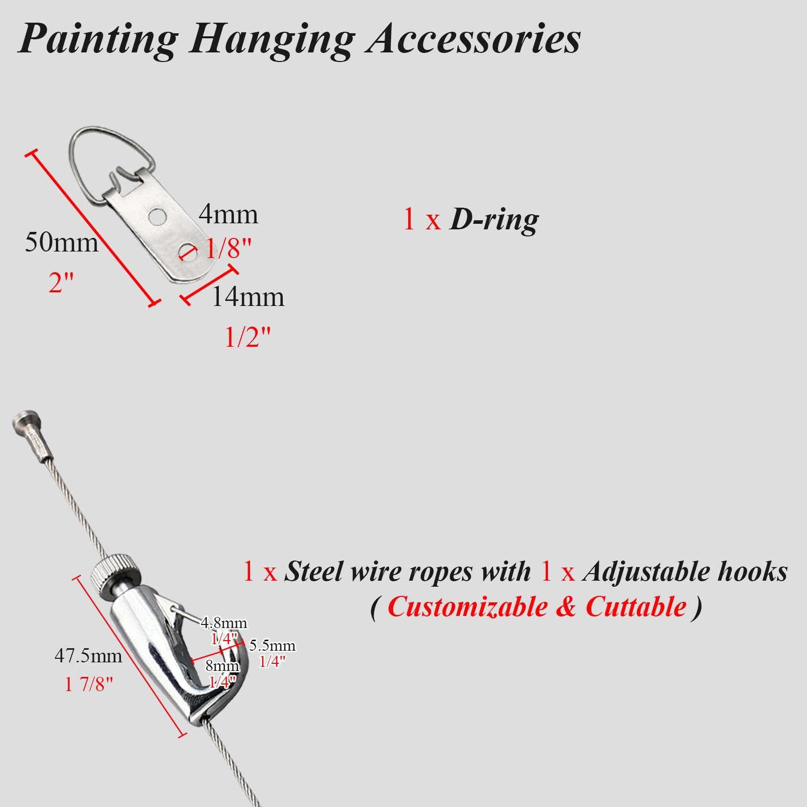 Colgar Cuadros Alambre de Acero para Colgar Cuadros con Ganchos y Anilla en D, Cordón Flexible para Colgar Espejos, Riel para Cuadros con Ganchos y Alambre Ajustable(9.8'/3m Cable,8pcs)