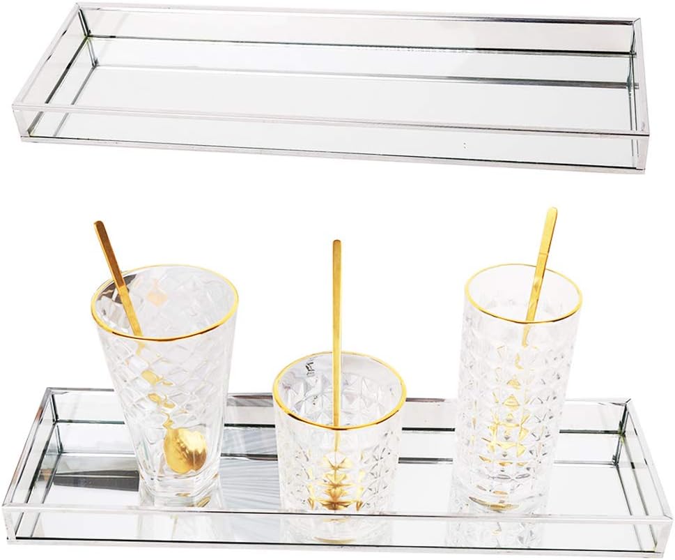 Affogato Sink Vanity Tray Mirror Bathroom Storage Tray, Toilet Tank Organizer, Bathtub Tray, Toothbrush Makeup Cosmetic Holder for Bathroom Vanity Countertops, Closets, Dressers (1Pc, Silver)