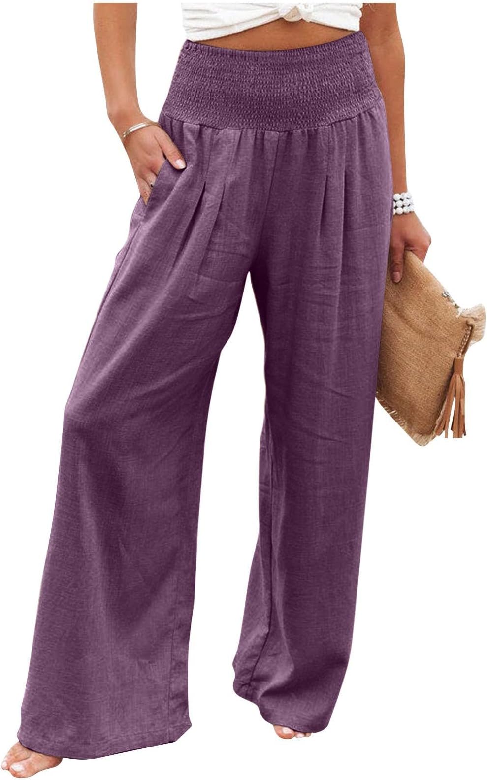 Women's Casual Loose High Waist Cotton Linen Wide Leg Long Pants with Pockets