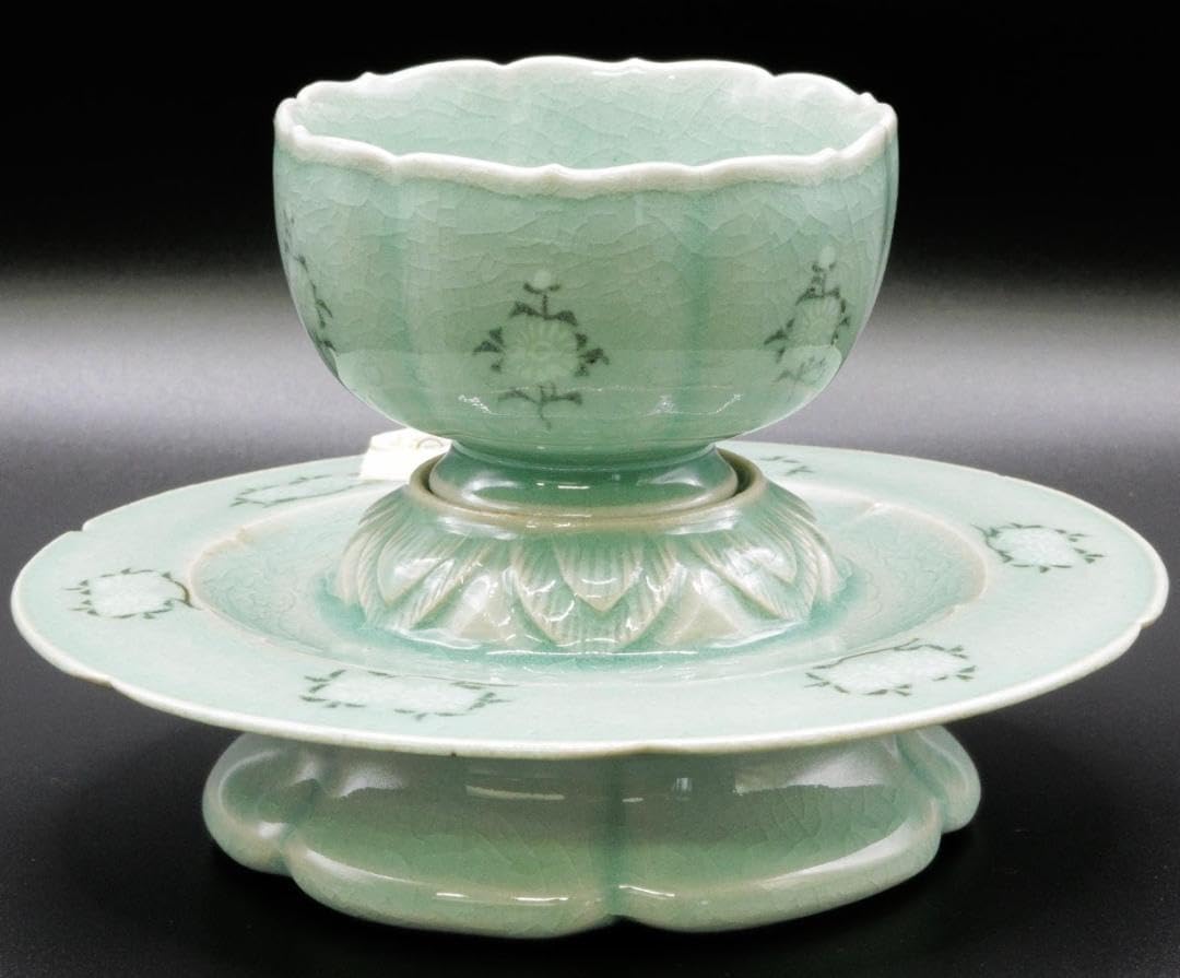 初代柳海剛 高麗青磁 象嵌菊文瓢箪花瓶 高台内に描き銘 共箱