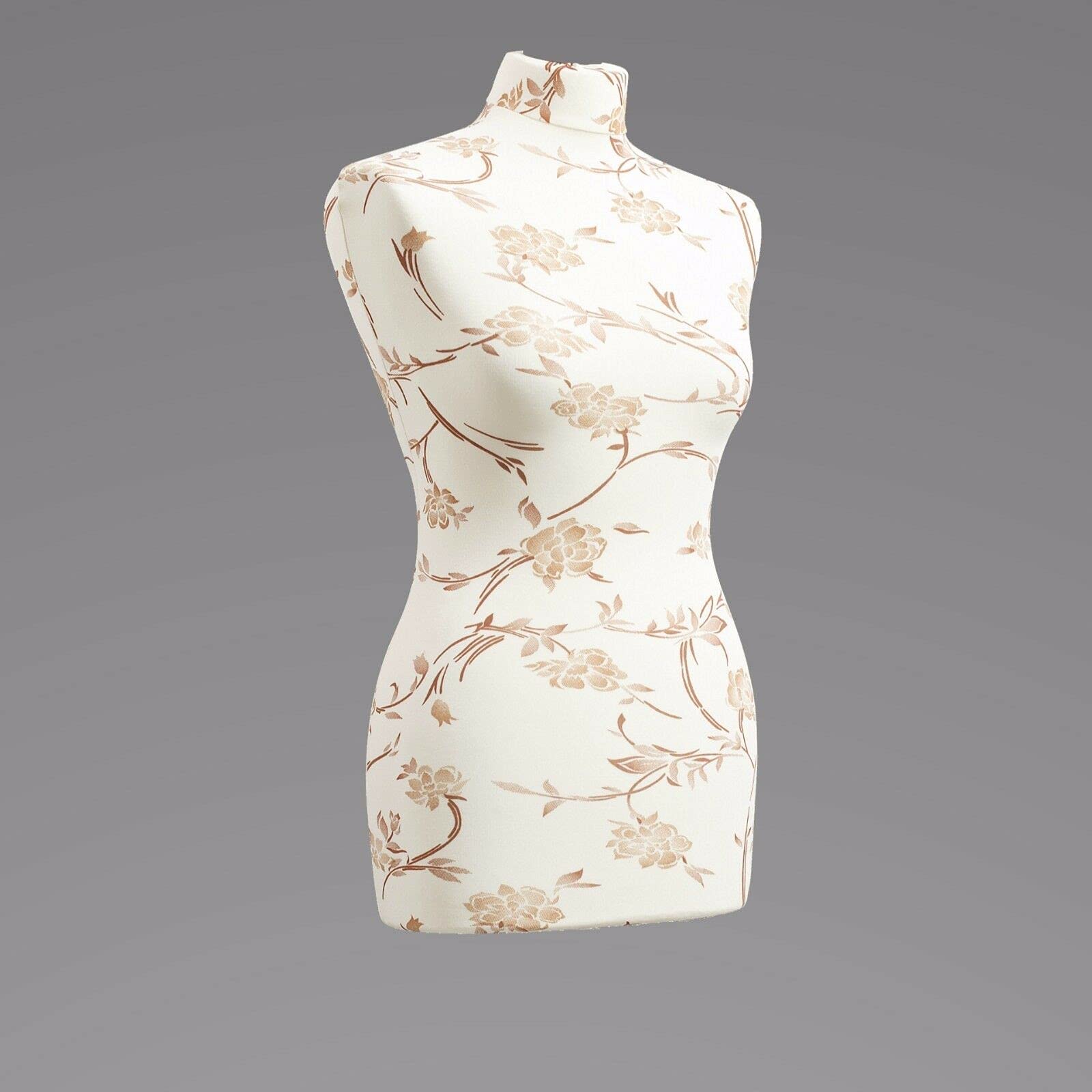 Schneiderpuppe / zum Probierpreis! / LUCCESI / Größen S - XL (Female) / Torso Size: S (34-36) / Wechselbezug Creme-Weiss/florales Muster (braun) / Standfuss Calvados / Schaufensterpuppe