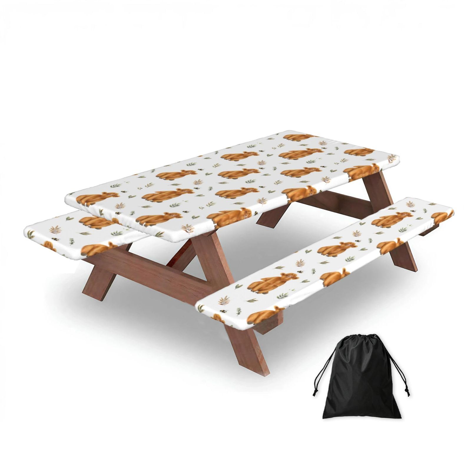 Dopklna As Picture Cute Highland Cow, Picnic Table Cover With Bench Covers -Waterproof Elastic Fitted Tablecloth For Garden Camping Patio 76X152cm