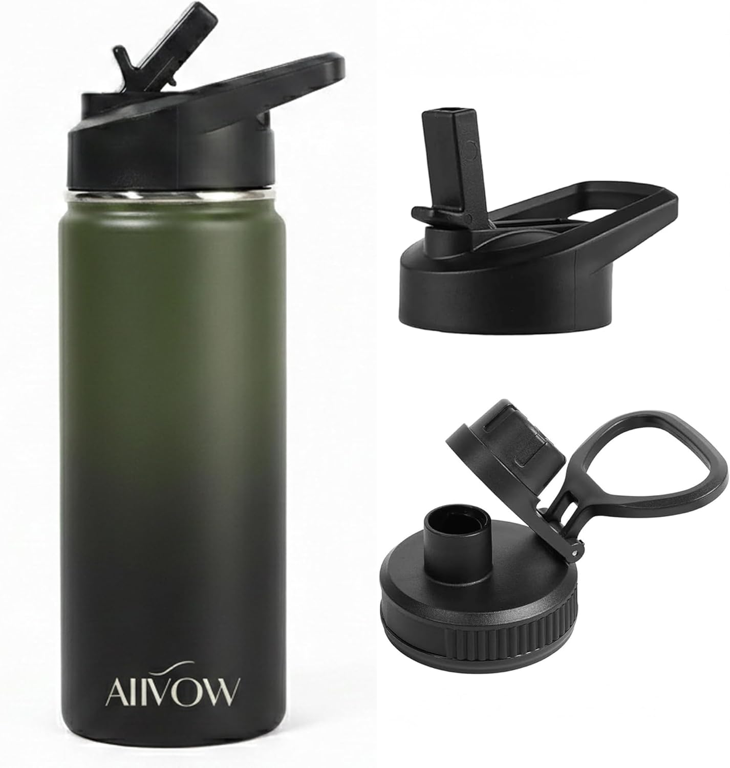 Insulated Water Bottle 32 oz with Straw, Metal Vacuum Stainless Steel Water Flask, Leak Proof & BPA-Free Sports Mens Water Bottle (2 Lids) for Gym,Hiking,Travel, Green to Black