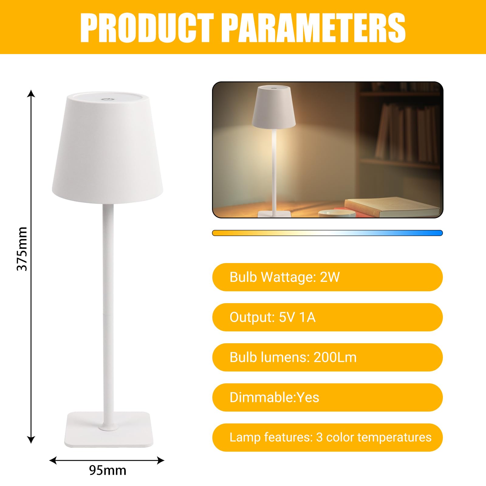 EXTRASTAR Rechargeable Table Lamp, Cordless Lamp 3 Color Dimmable, Metal Touch Bedside Lamp for Living Room Bedroom Office Study-White - Image 4
