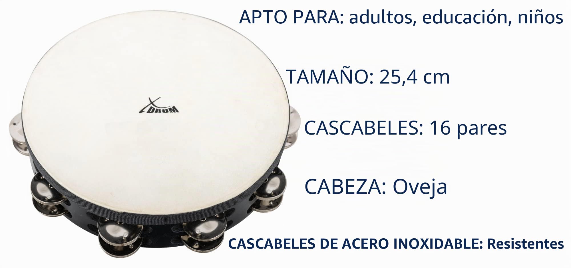 XDrum TMF10-BK Pandereta de 10" con Piel, Diámetro: 10" (25, 4 cm) | 4 cm), 16 pares de platinelas de acero inoxidable, Doble fila, Piel natural seleccionada, Marco negro de madera de arce, 5 cm