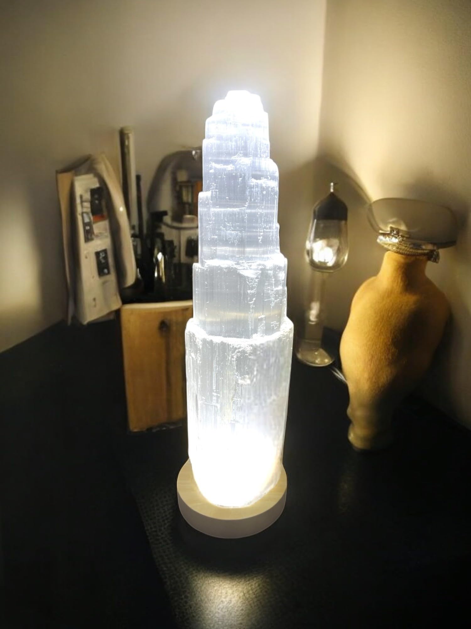 ProHome Selenite Crystal White Light USB LED Lamp Wooden Base Natural Selenite Spiritual Energy Healing Meditation Recharge Crystal Mountain Tower Lamp Home Decoration Gift (20cm)