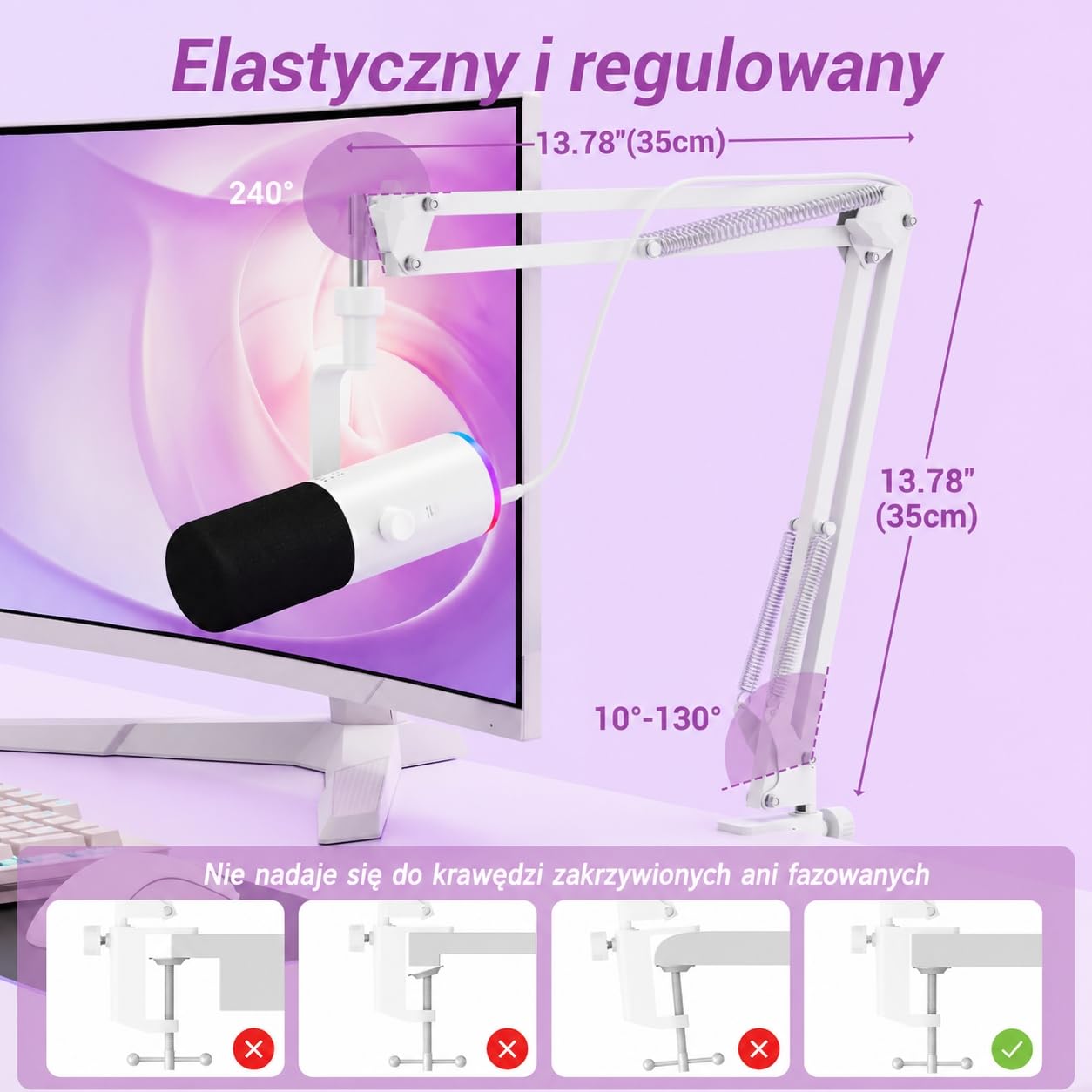 TONOR Dynamiczny mikrofon do gier, mikrofon XLR/USB do strumieniowego przesyłania, redukcja szumów AI, sterowany RGB, wyciszenie, gniazdo słuchawkowe 3,5 mm, mikrofon z ramieniem szubienicowym, biały