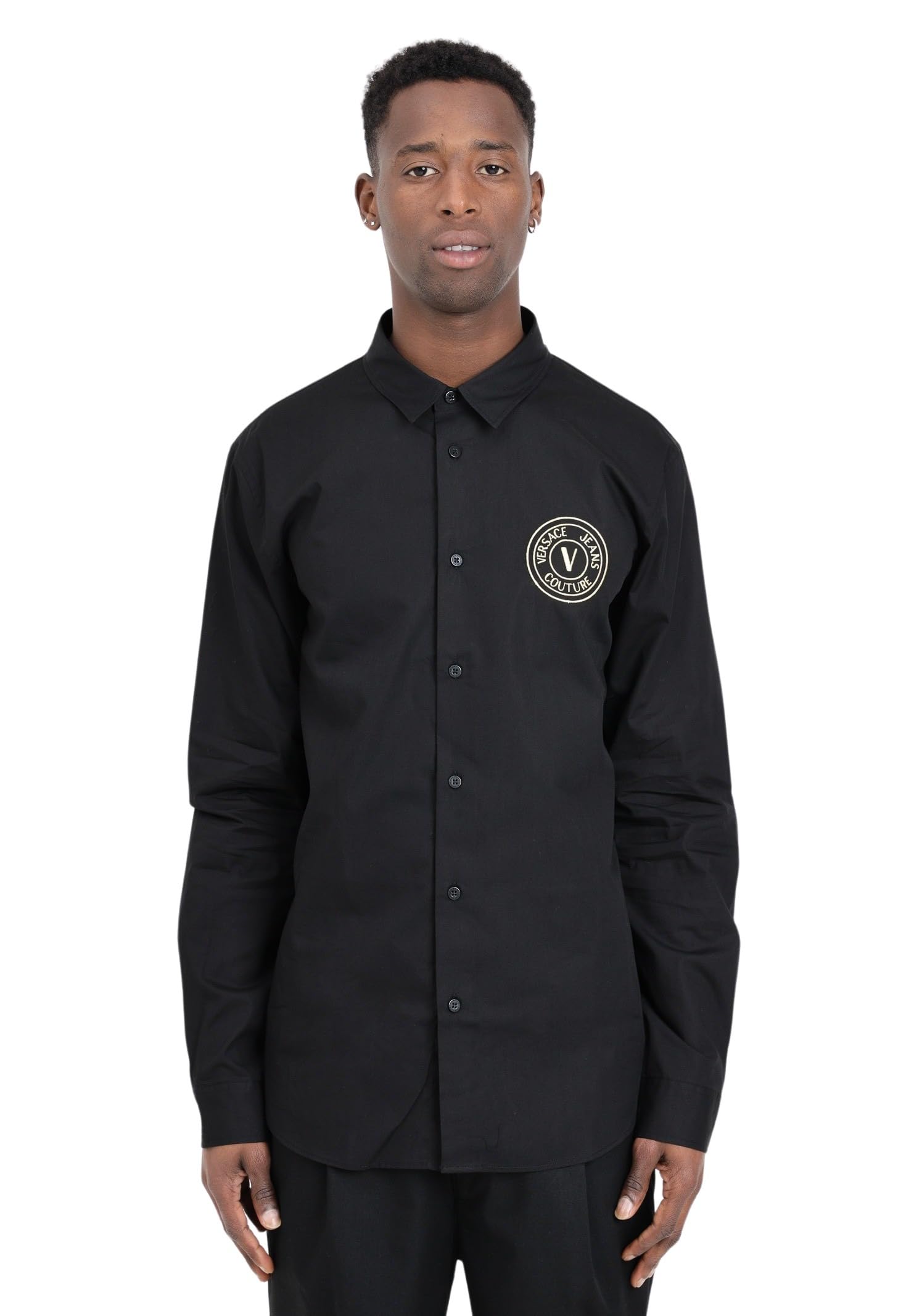 Versace Men's Black Cotton Printed V-Emblem Logo /Gold Shirt - Size 44/Regular