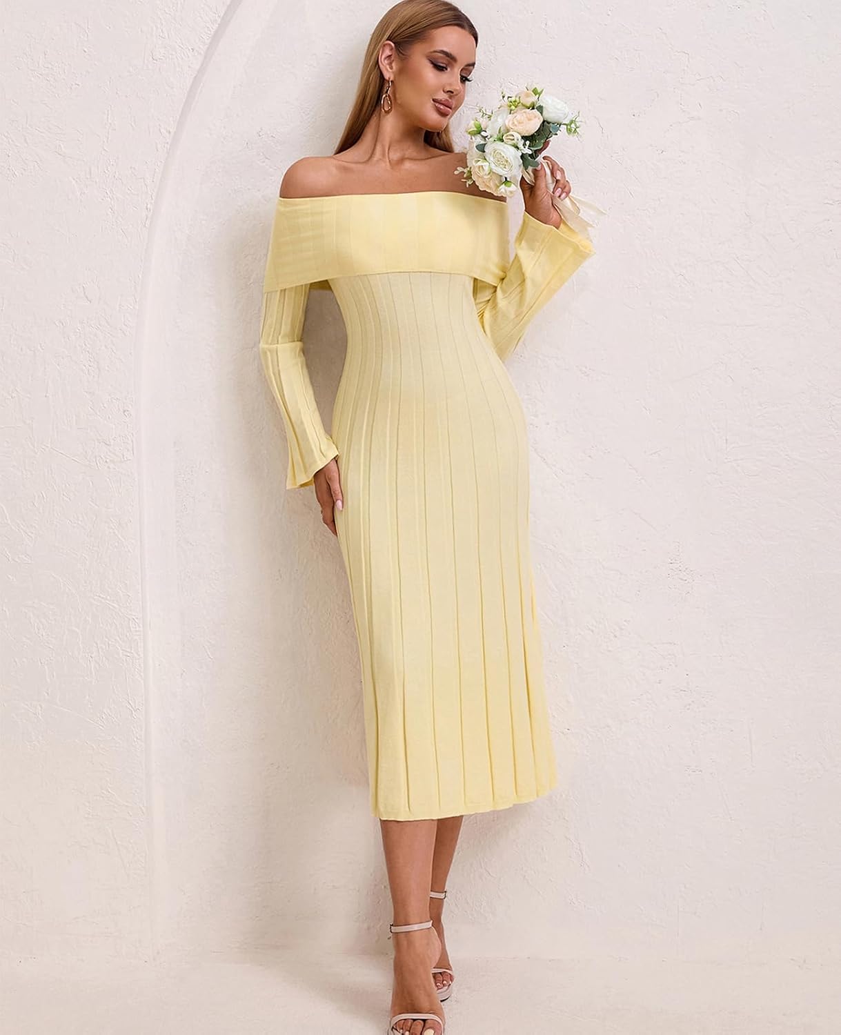 GLNEGE Formal Off The Shoulder Fall Wedding Guest Dress Long Sleeve Knit Bodycon Maxi Party Dresses for Women - Image 5