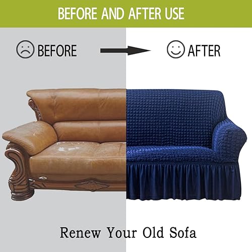 Miniatura 3 de Funda elástica para sofá, funda protectora de muebles lavable, con parte inferior elástica y falda para niños y mascotas (azul, extragrande)