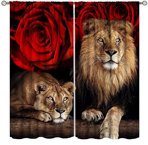 Lion Blackout Curtains,Africa Wildllife Lion Kids Teens Adult,Red Rose Floral,Animals Theme Home Decor Windows Drapes For Bedroom Living Room 21X63In,2 Panel Set-1 #TOP28