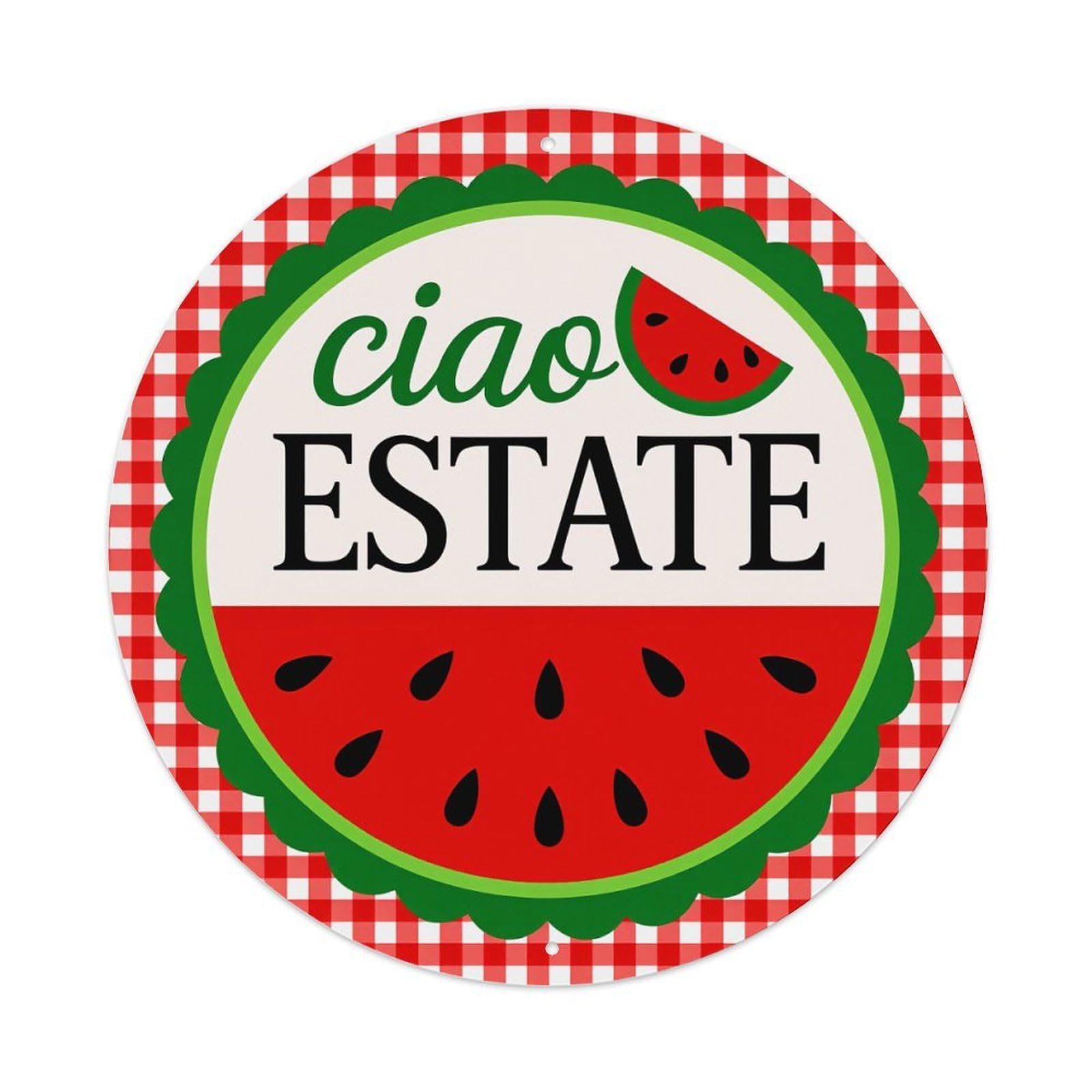 Red Checkered Watermelon Pattern Vintage Metal Tin Sign Retro Wall Decor for Home Bar Garage Cafe, Indoor & Outdoor Decorative，circle Metal Poster, 8x8 Inch