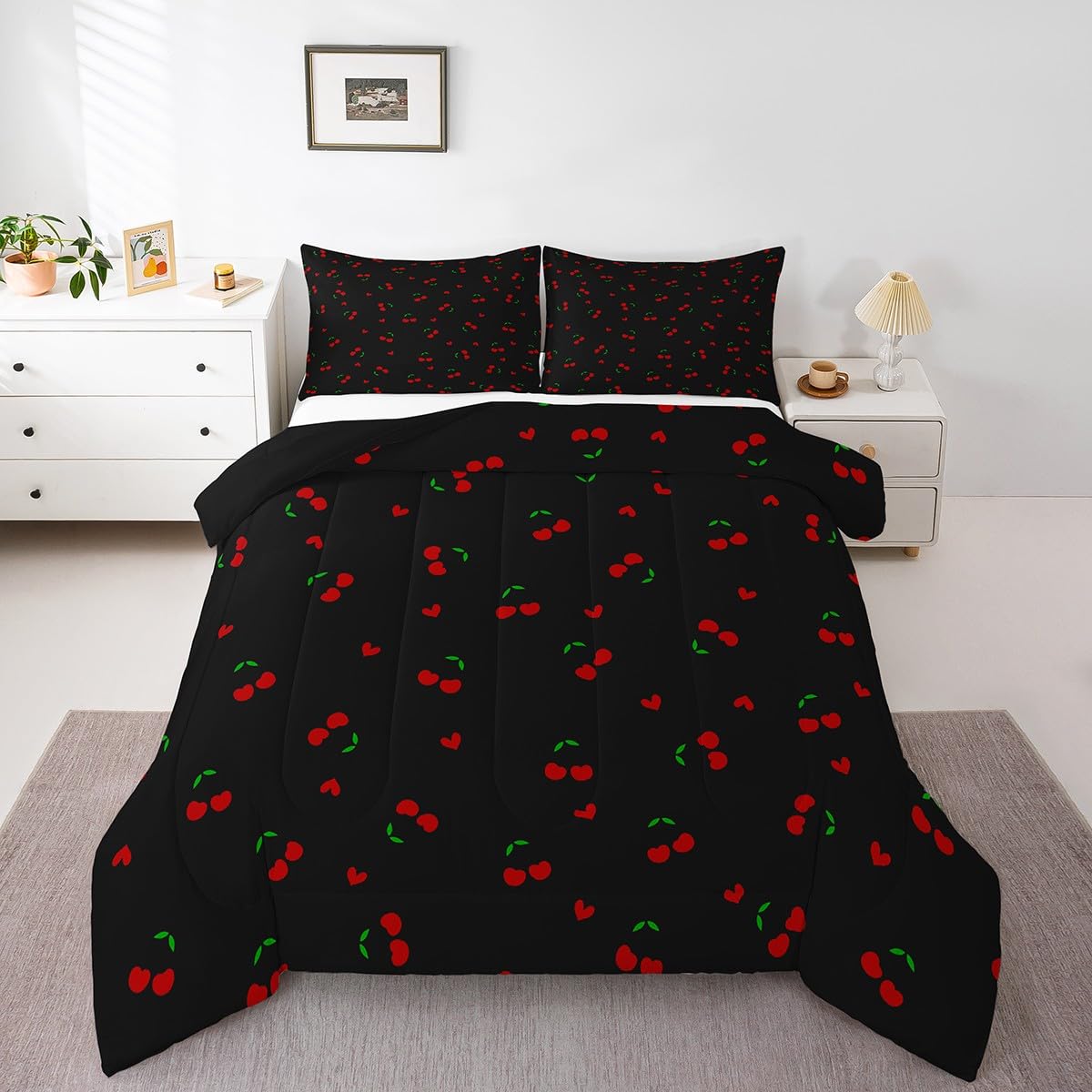 Feelyou Kinder-Bettwäsche-Set mit Kirschmuster, 2-teilig, Kirschmuster, niedliches Obst-Schmusetuch für Jungen und Mädchen, Kawaii, Cartoon, Obst, Teenager, Bettdecken-Set, Schlafzimmerdekoration,