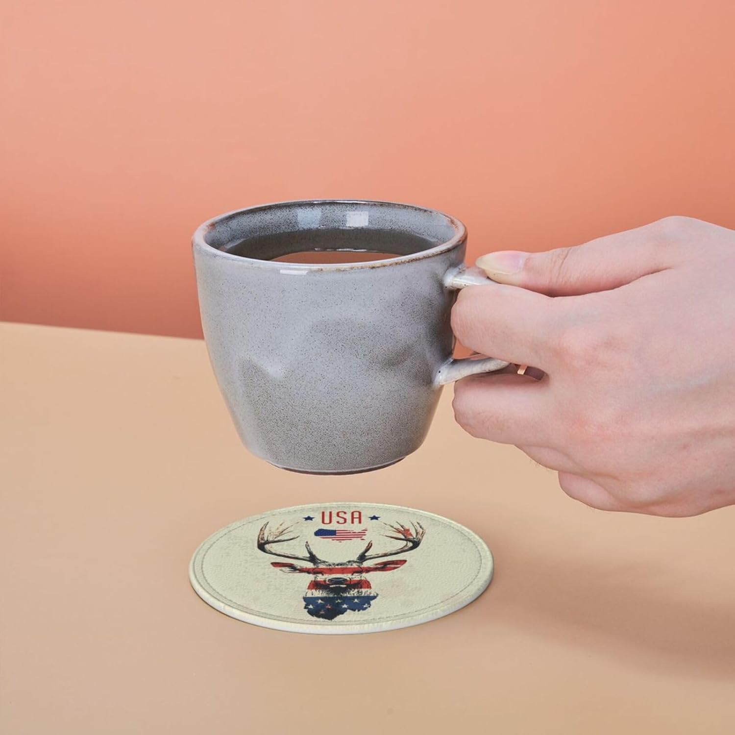 American Flag Leather Coasters Set of 6 Round Vintage Coasters with Holder for Home Office Vintage USA Deer - Image 6