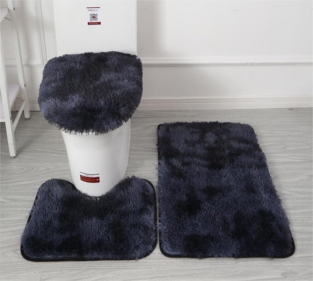 LUMEIRA Washable Toilet Mat,Toilet Bath Mat,Soft Microfiber Bathroom Rugs Sets 3 Piece,Non-Slip Bath Mat Fluffy Plush Toilet Seat Cover For Bathroom,Water Absorbent Bathmat,Machine Washable (black)