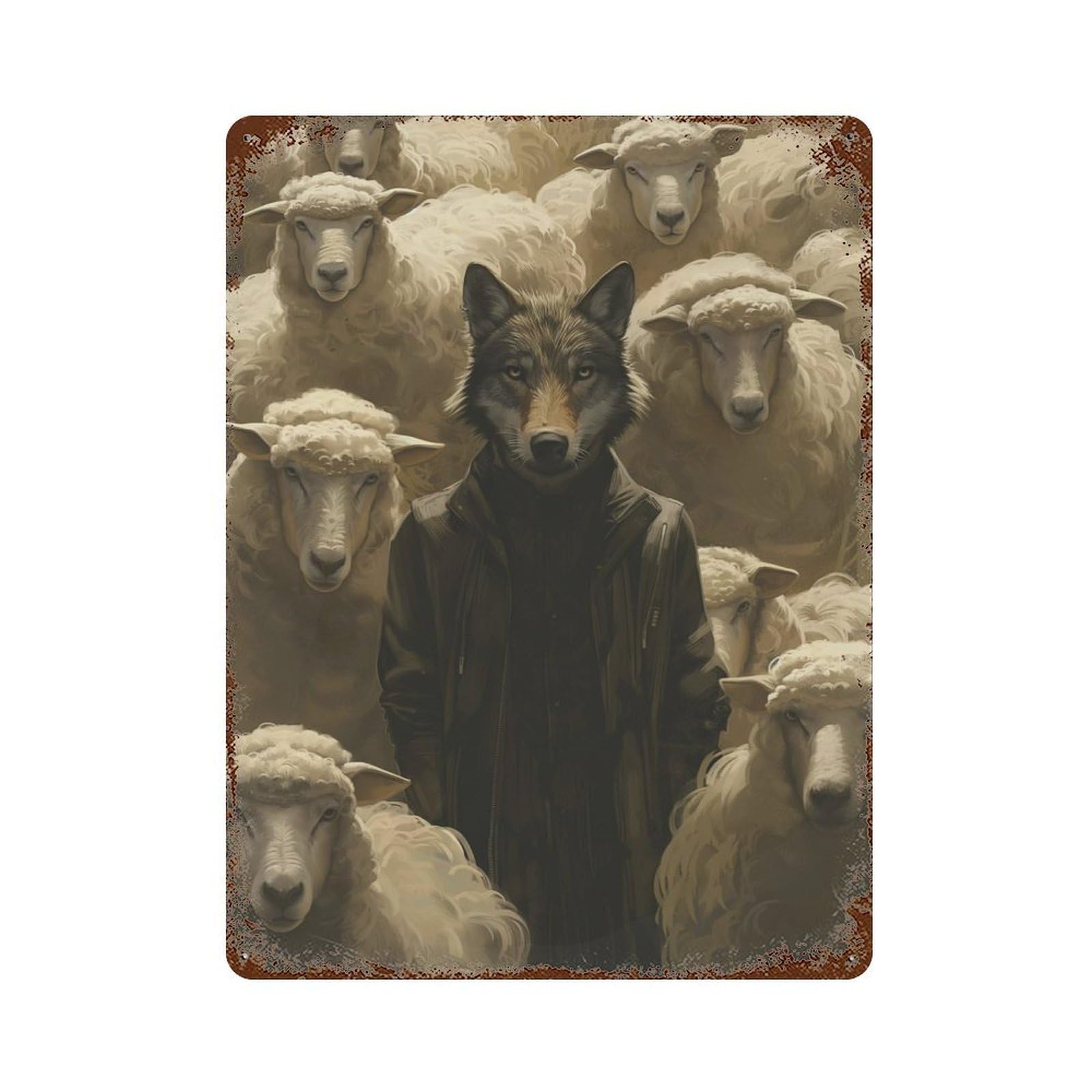 Dressed Wolf Sheep Leader Distressed Metal Wall Sign 15.7"x11.8", Ideal for Garage, Bar And Workshop Decor
