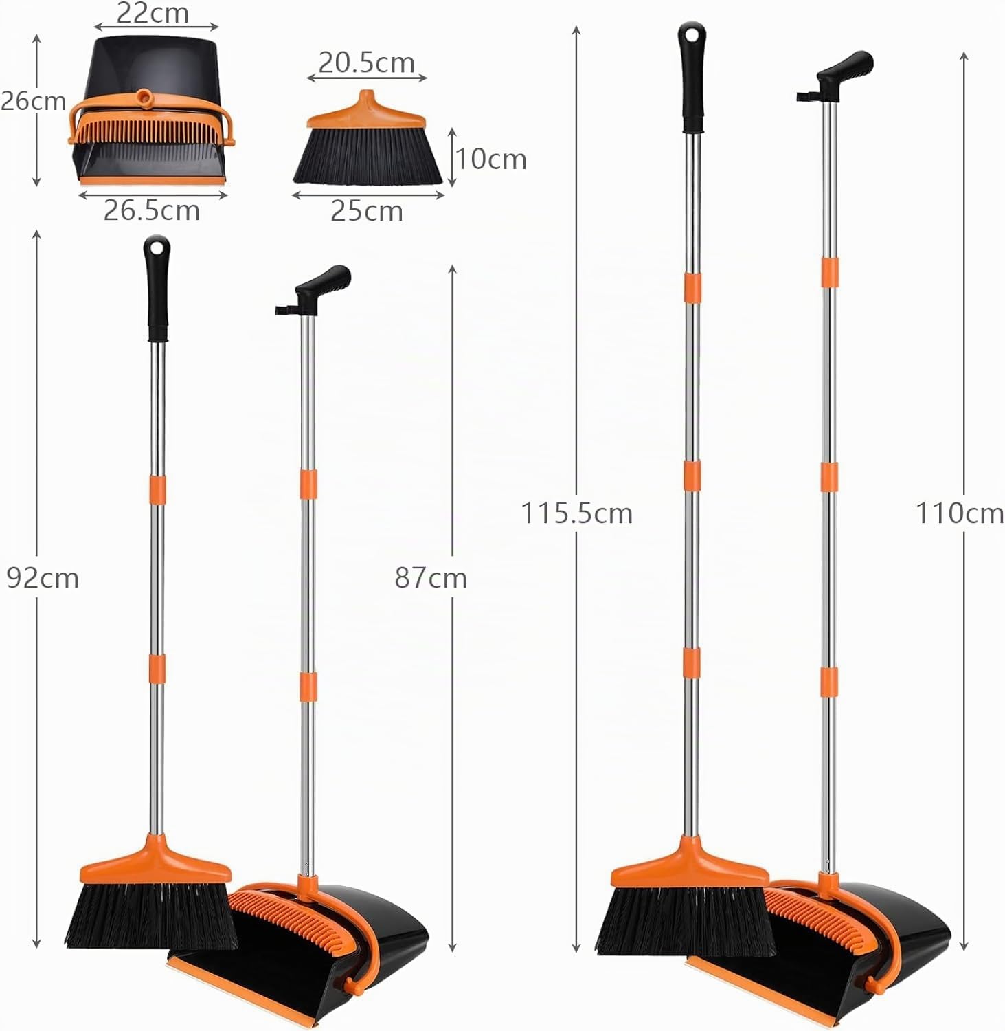 Set di scope e paletta, con manico lungo, manico allungabile, paletta verticale, Broom and Dustpan, per interni ed esterni, garage, cucina, ufficio