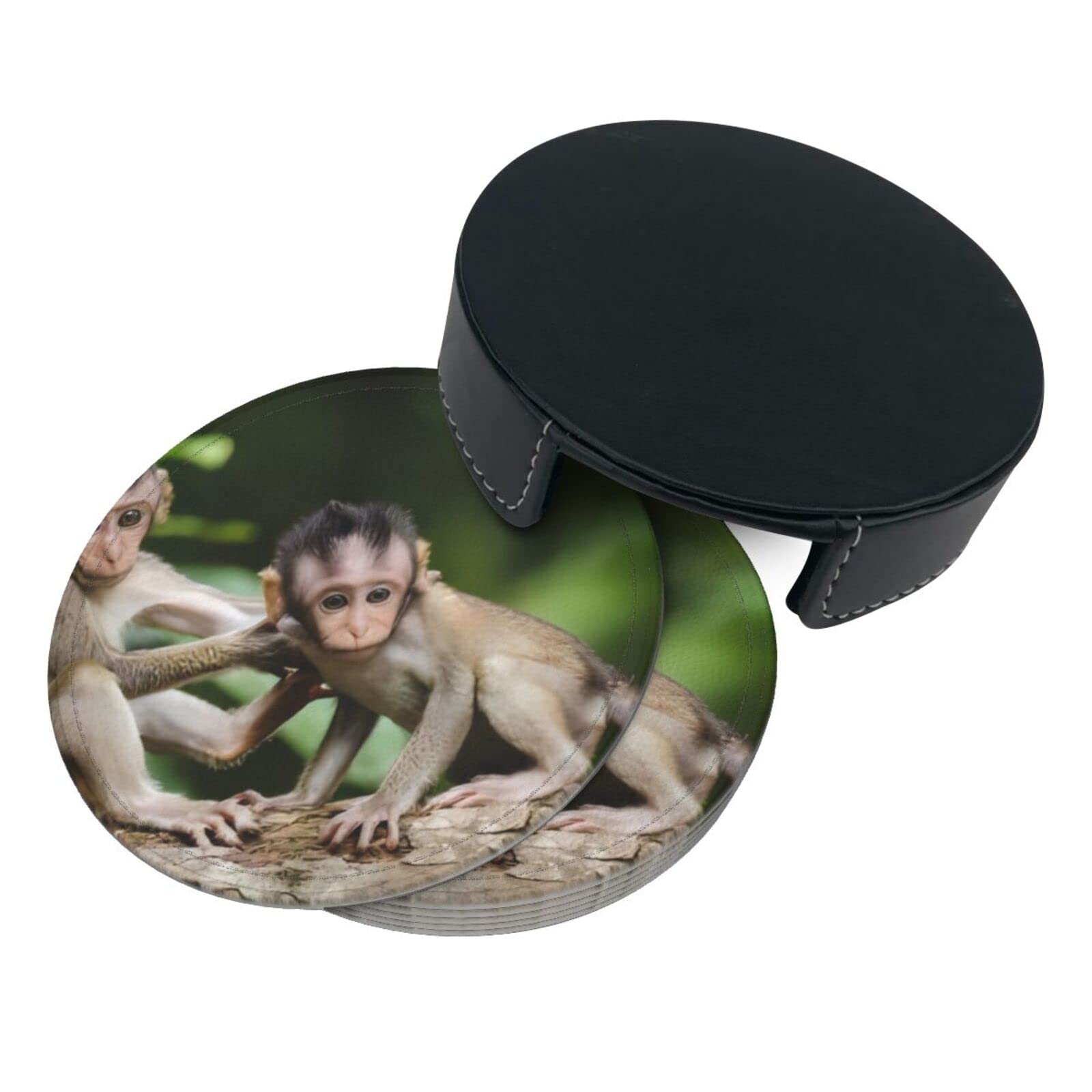 Sottobicchiere Con Simpatiche Scimmie Funky Per Bambini - 9,5x9,5 Cm, Finitura Lucida, Retro In Sughero, Idea Regalo Zoo