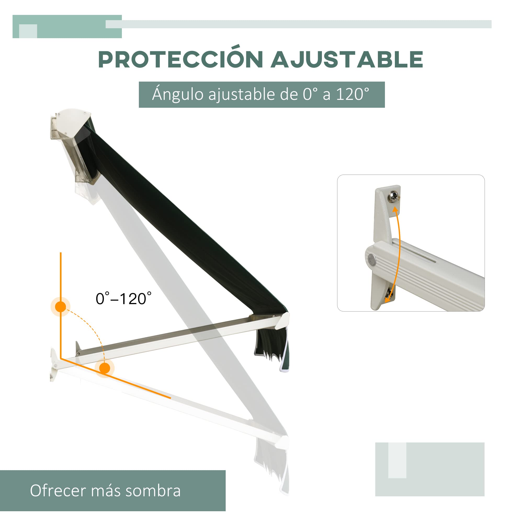 Outsunny Toldo Manual de Aluminio Retráctil para Ventanas Exterior Ángulo Ajustable Impermeable Tela de Poliéster 180x70cm Verde