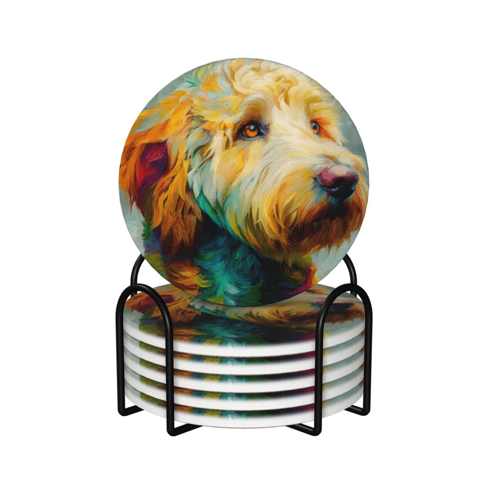 Colorful Golden Doodle Dogs Abstract Art Ceramic Coasters with Holder 6ps