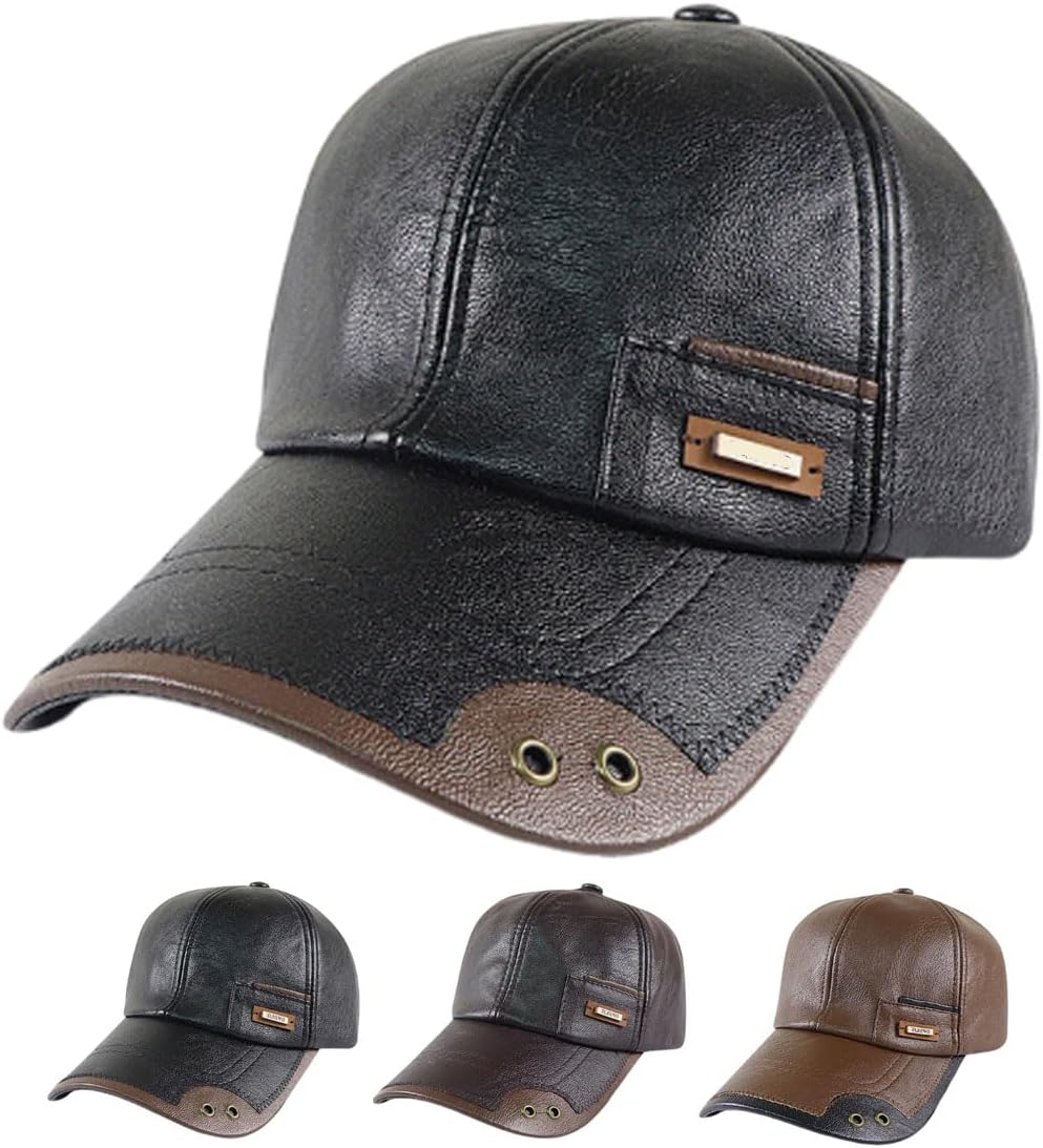 Leather Ball Caps for Men, Stylish Windproof Warm PU Leather Baseball Cap for Autumn Winter Outdoor Sports